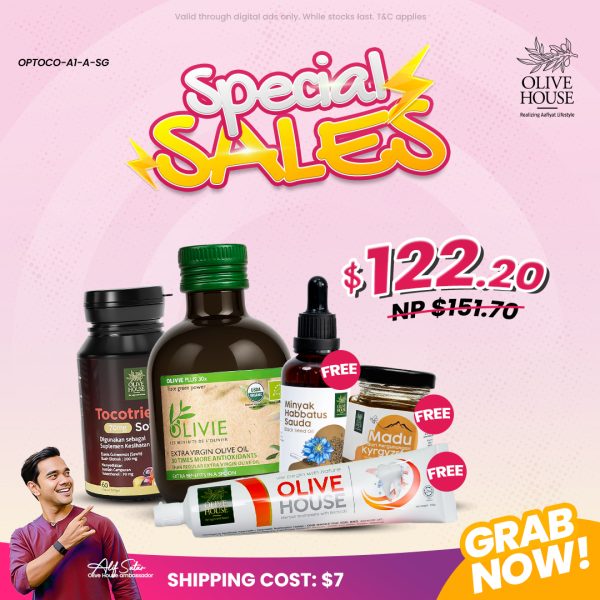 Olivie Plus 30x 250ml, Tocotrienols 70mg Free Minyak Habbatus Sauda 50ml, Madu 50g & Ubat Gigi Garam Bukit 200g